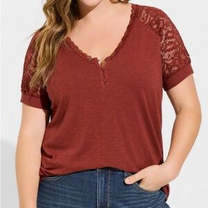 Torrid Tee 2X Super Soft Slub V-Neck Lace Sleeve Madder Brown/Red